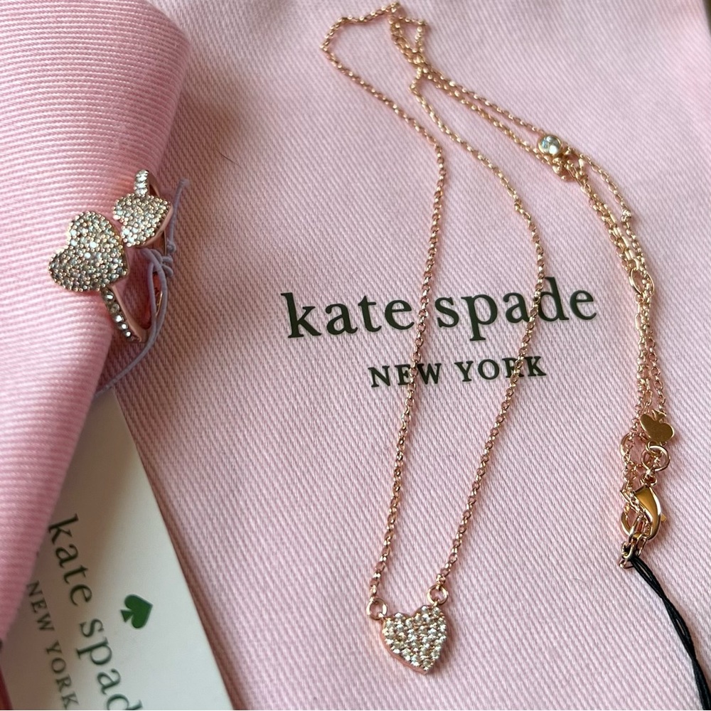 NEW Kate Spade Yours Truly Pave Heart Ring & Mini Pendant Necklace Rose Gold - Picture 4 of 8